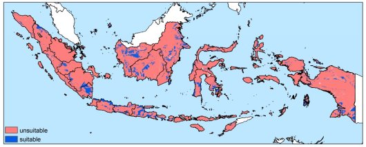 Figure 2: Land suitability for true shallot systems Suitable if: Elevation<1000 m, Slope<5%, 5<pH-H2O<8, SOM<20% and Clay<35%.